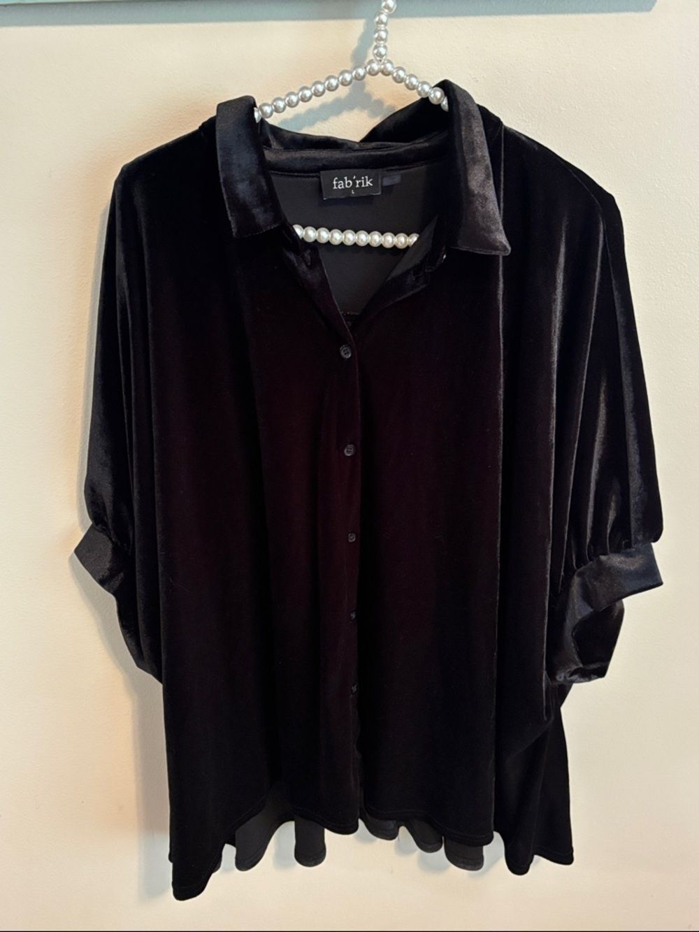fab'rik Black Velvet Button Down Shirt Oversized Batwing Blouse Top Womens L